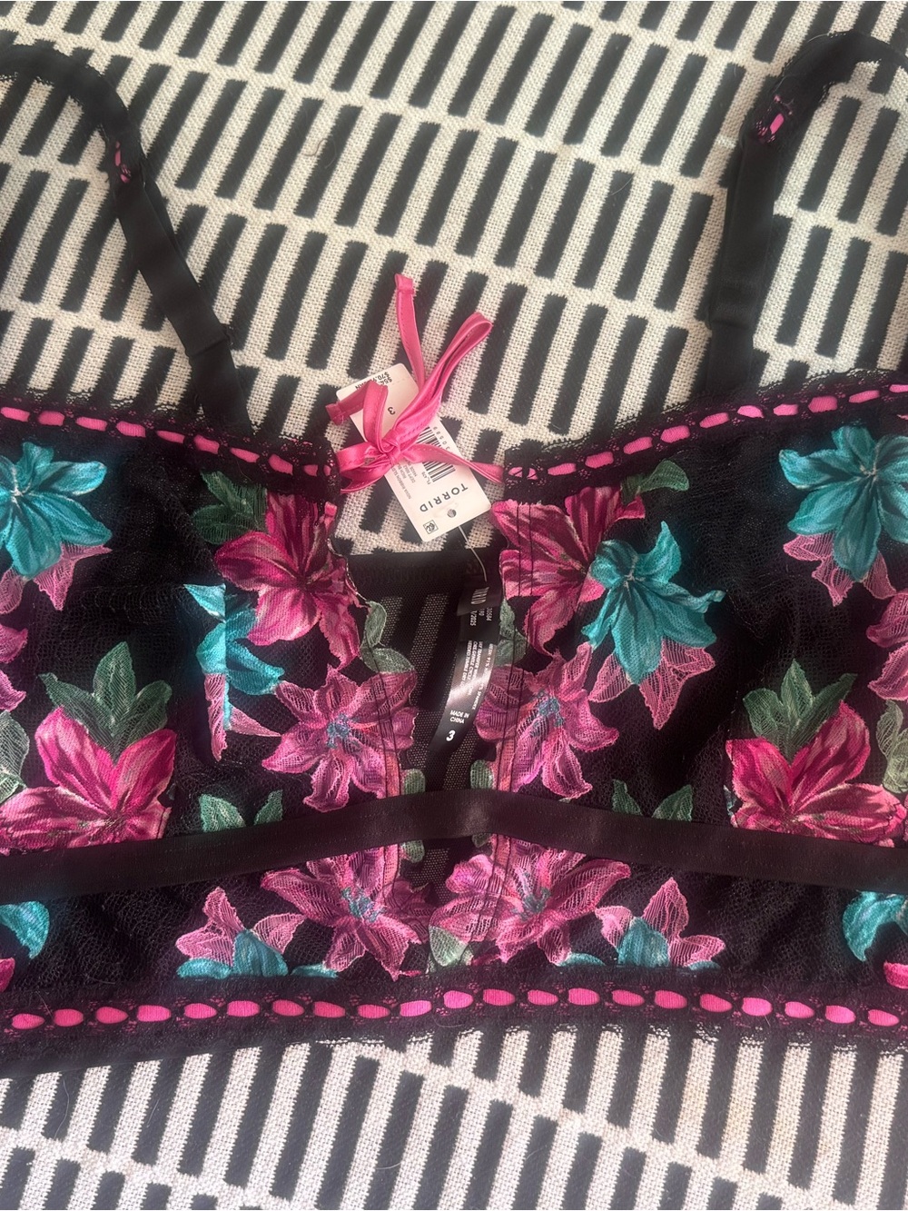 Torrid Black Lace Bralette with Pink & Teal Floral Embroidery